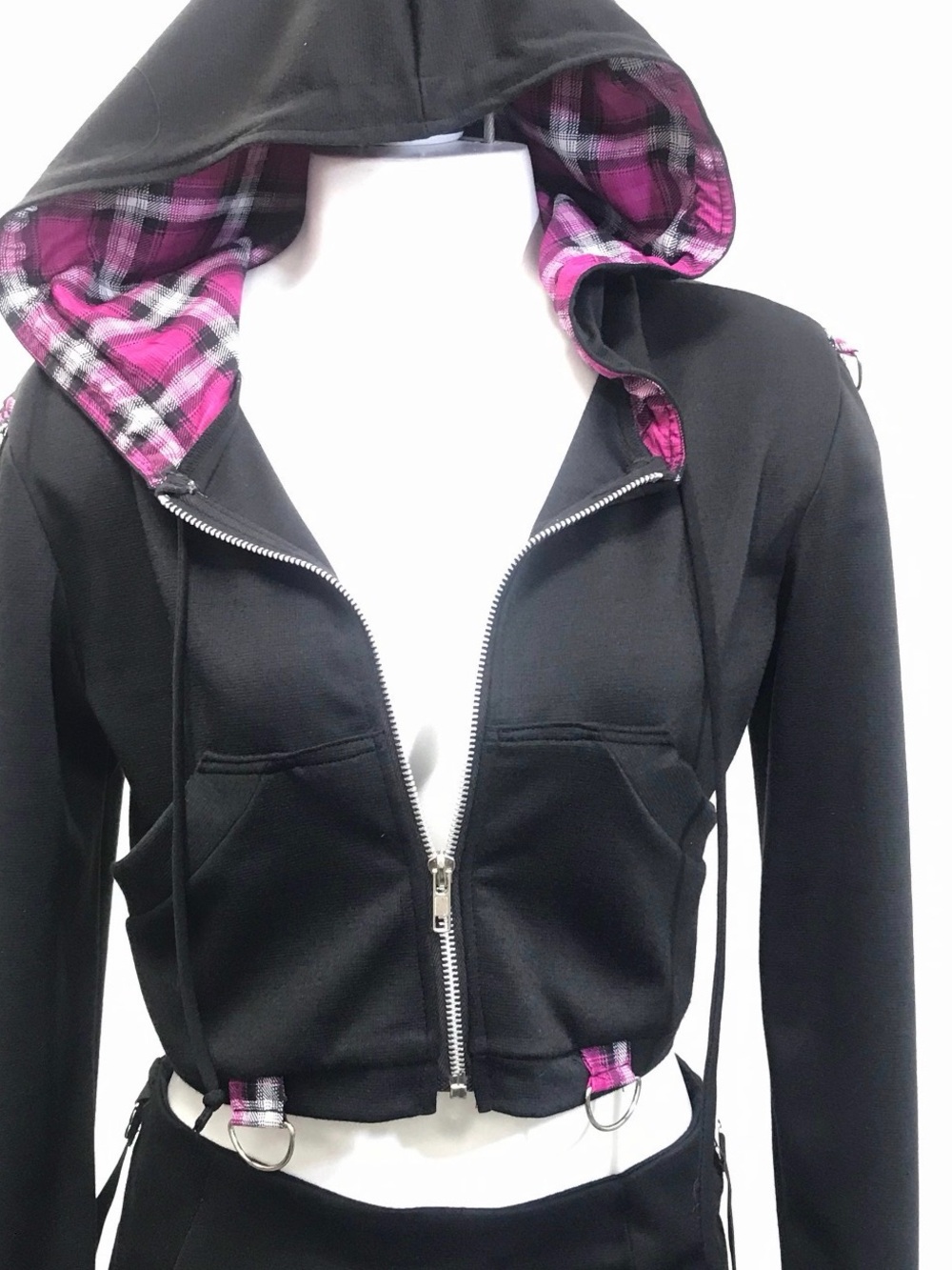 Gothic Plaid Trims Hoodie Crop Jacket - Cyberpunk for Womsm